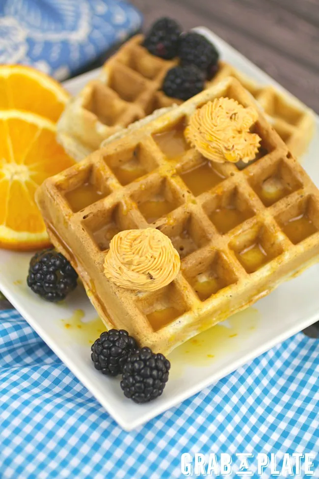 Blue Cornmeal Waffles with Chipotle Butter and Orange Syrup