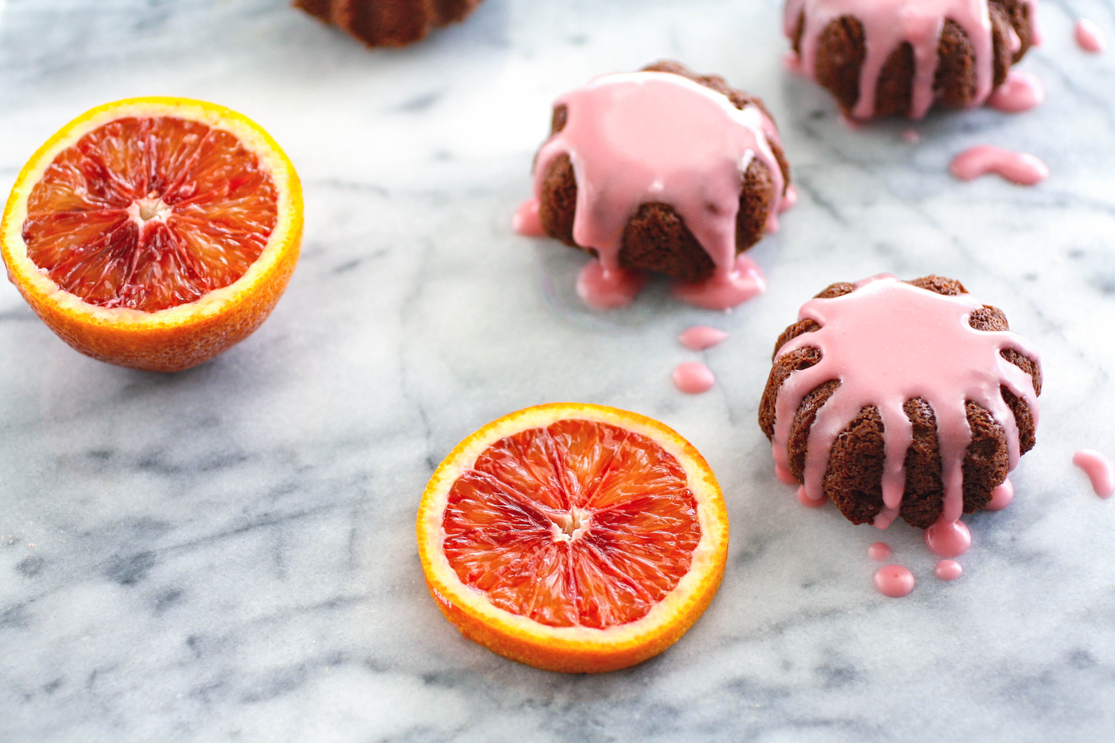 Mini Blood Orange Scented Chocolate-Ricotta Cakes are lovely little treats! The colors and blood orange flavor of these cakes make a lovely dessert!