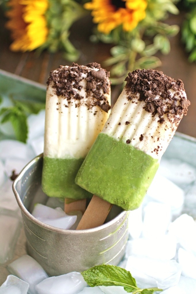 Take a bite of a Minty Grasshopper Frozen Yogurt Pop -- a healthier treat that tastes amazing!