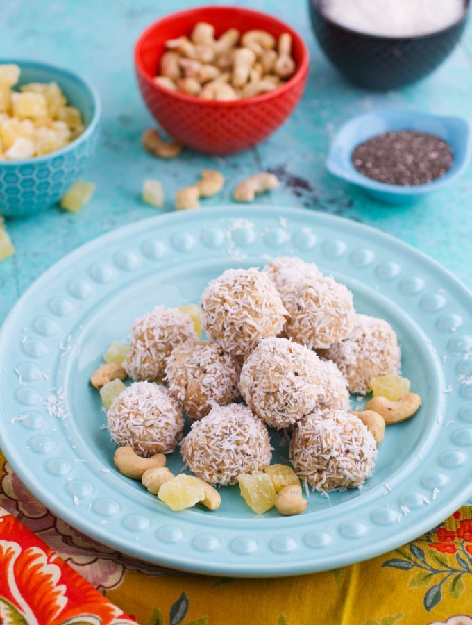 No bake coconut, cashew, and pineapple energy bites are super tasty and make a great snack. You'll love these no bake bites for a great snack option!