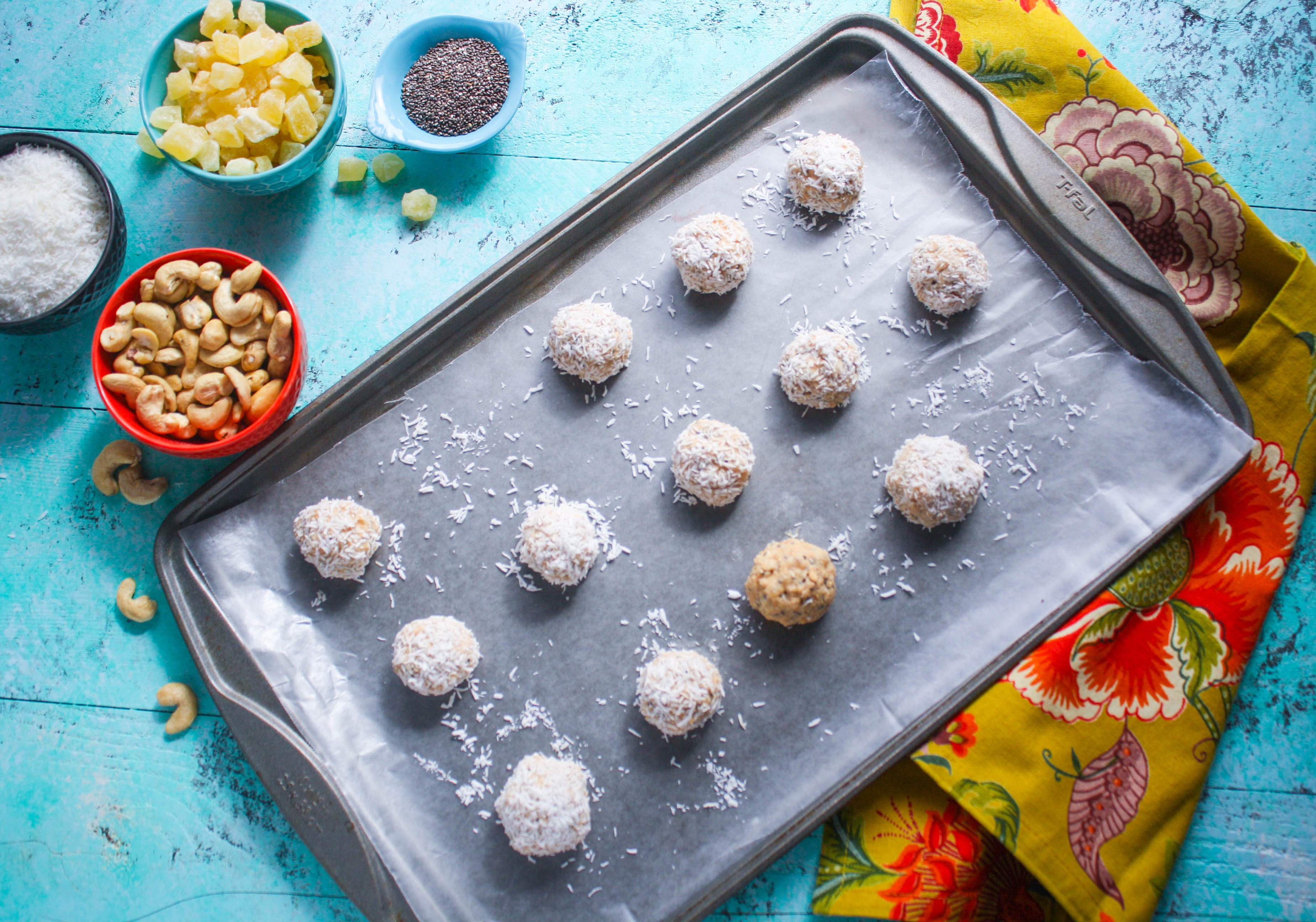No bake coconut, cashew, and pineapple energy bites make a fabulous snack! These no bake bites are a real treat!