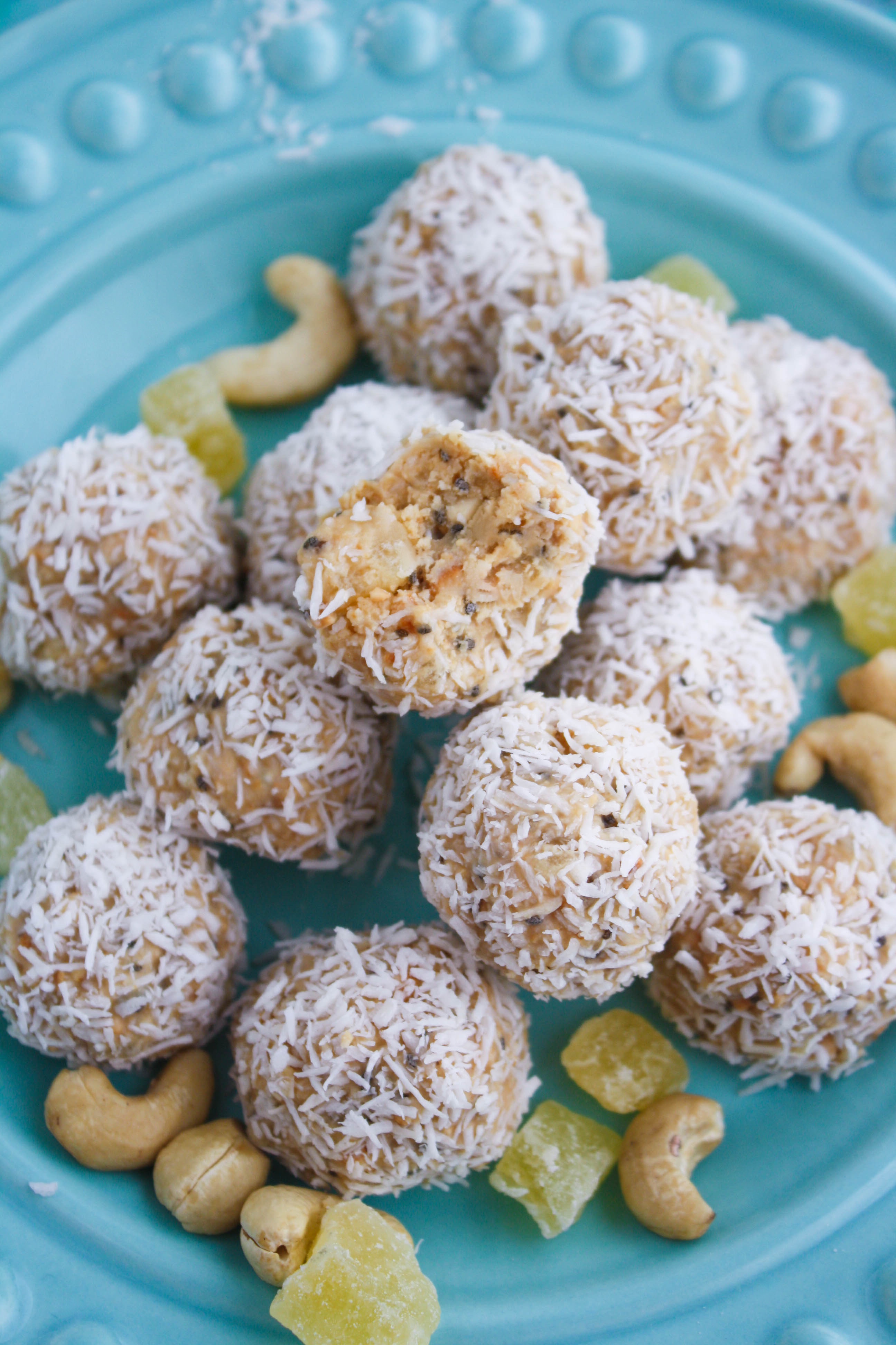 No bake coconut, cashew, and pineapple energy bites are a fun and healthy snack option. You'll enjoy these no bake energy bites when you're hungry!