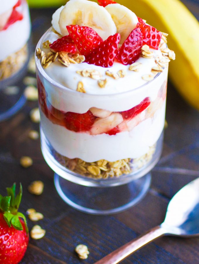 No Bake Strawberry-Banana Cheesecake Parfaits are the perfect treat for summer. No oven required to make No Bake Strawberry-Banana Cheesecake Parfaits!