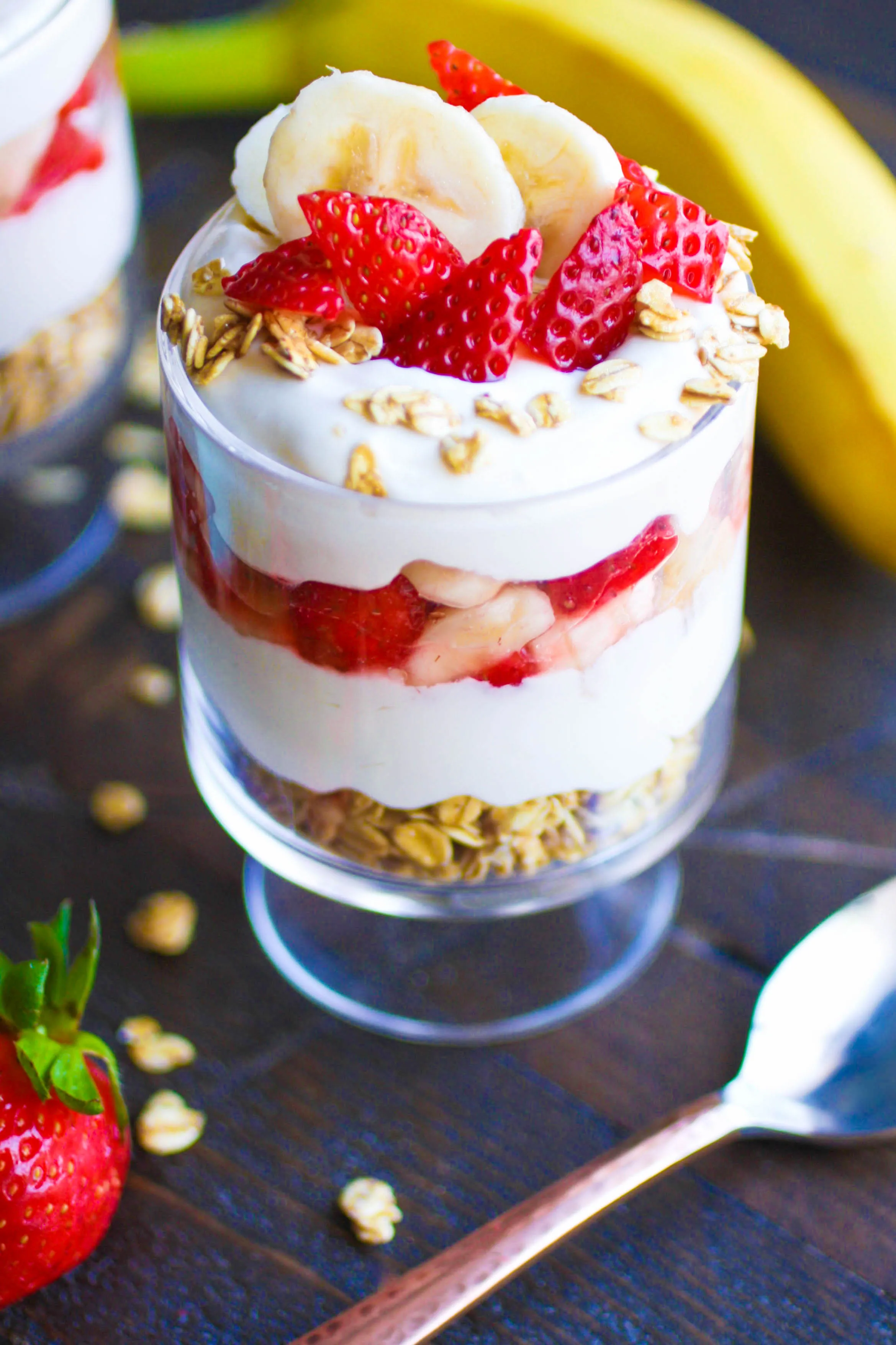 No Bake Strawberry-Banana Cheesecake Parfaits are the perfect treat for summer. No oven required!