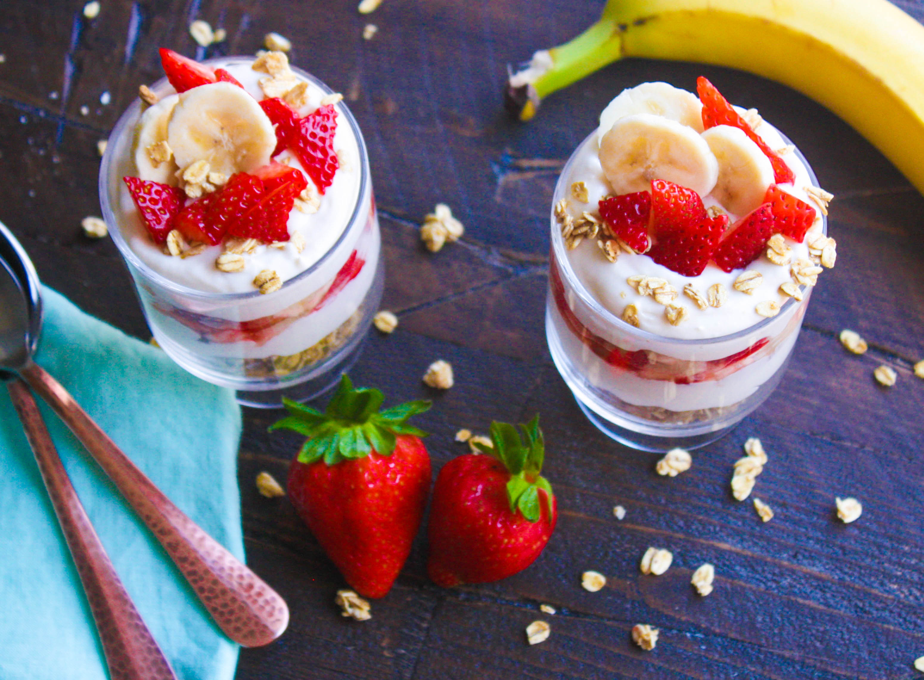  No Bake Strawberry-Banana Cheesecake Parfaits are the perfect treat when it's hot out. No Bake Strawberry-Banana Cheesecake Parfaits are no fuss, all delicious! 