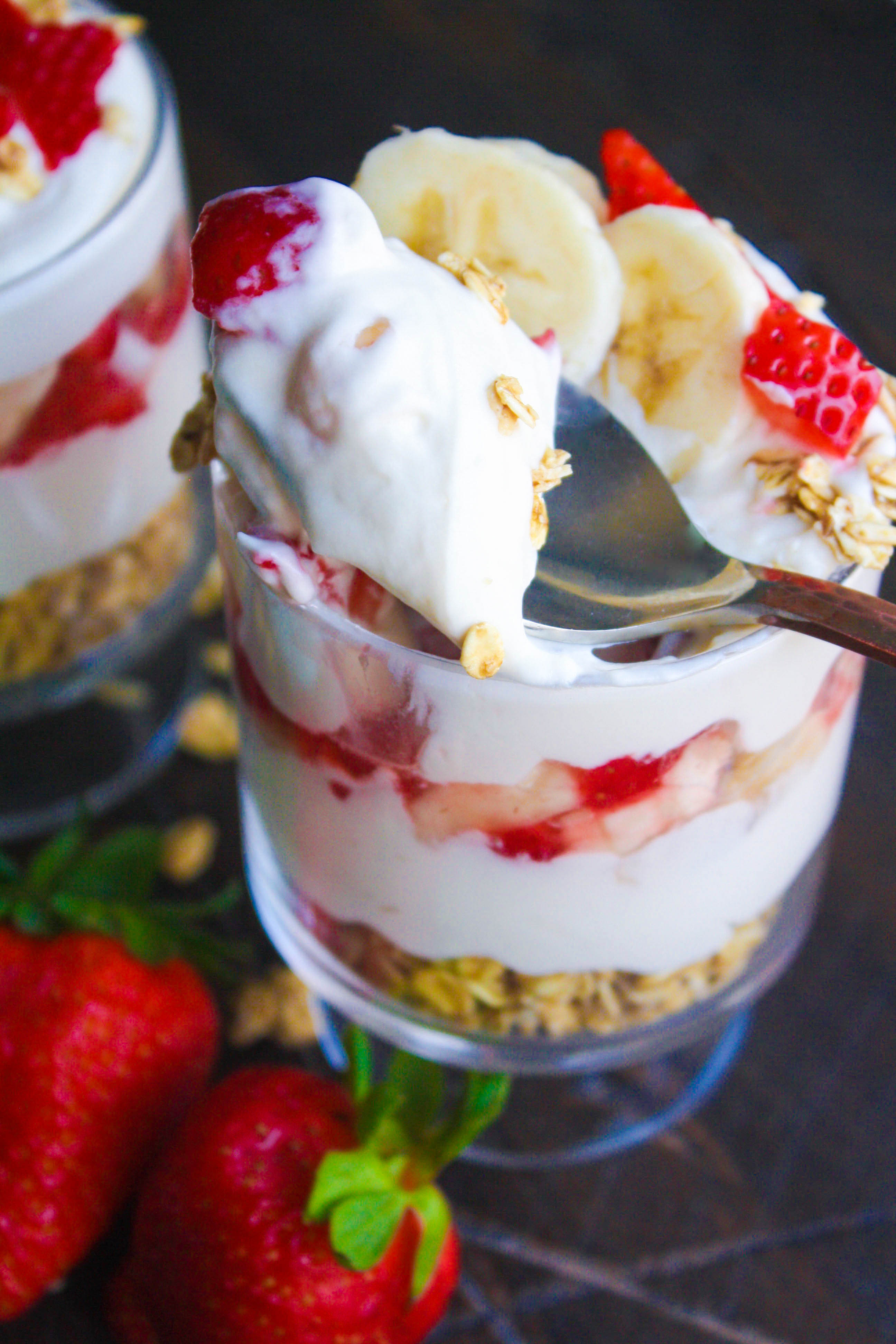No Bake Strawberry-Banana Cheesecake Parfaits are so easy to make! You'll love the layers in these No Bake Strawberry-Banana Cheesecake Parfaits!