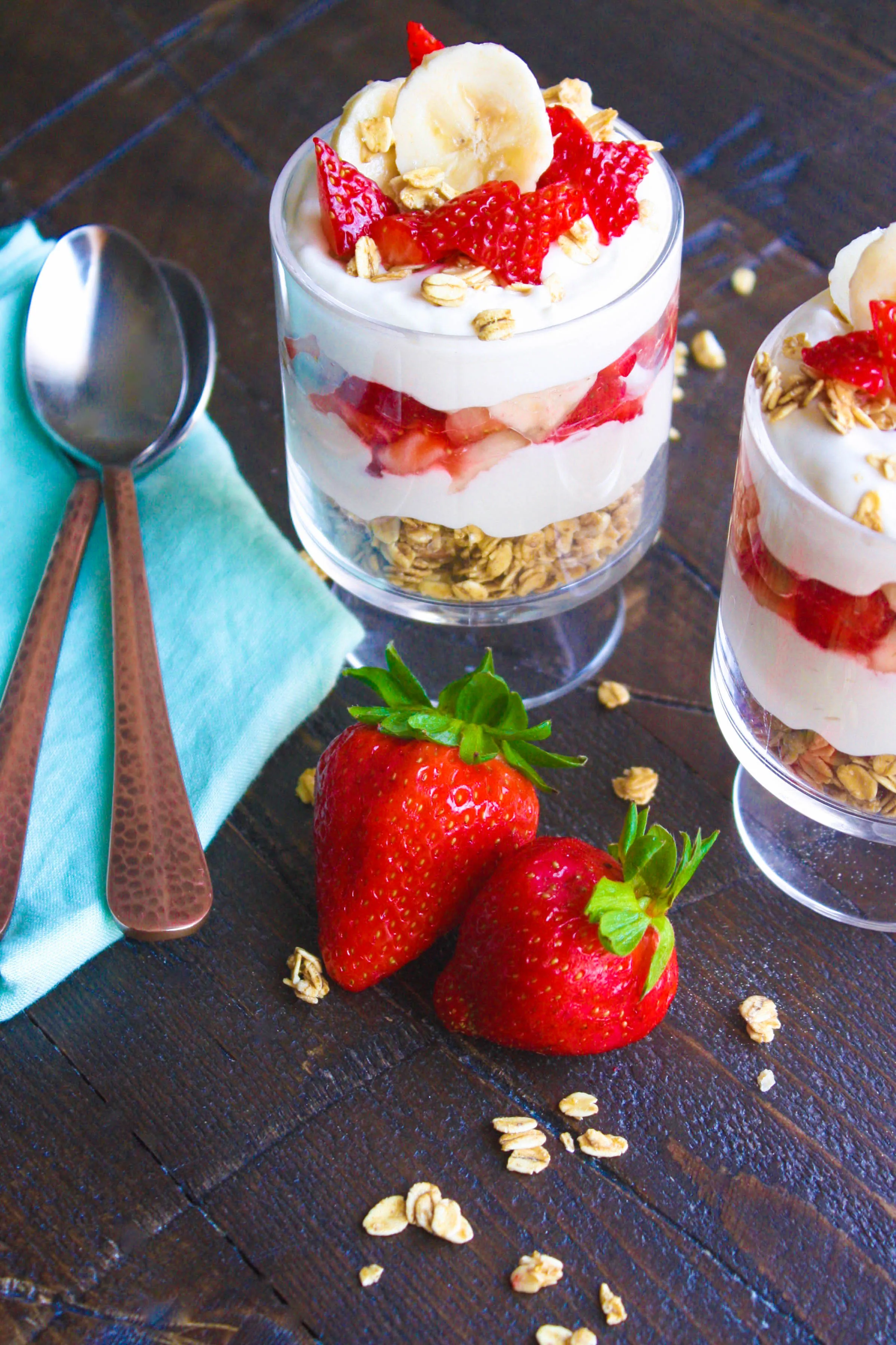 Grab a spoon and dig right in to No Bake Strawberry-Banana Cheesecake Parfaits -- what a great treat! No Bake Strawberry-Banana Cheesecake Parfaits make a lovely, fun dessert!