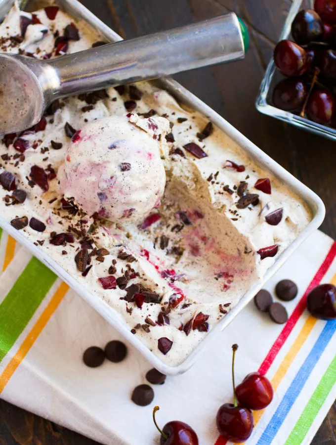 No Churn Cherry Chocolate Chip Espresso Ice Cream has it all! You'll love the ingredients, and how easy it is to make!