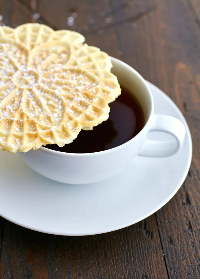 You'll find Orange-Amaretto Pizzelle Cookies go well with a cup of hot coffee!