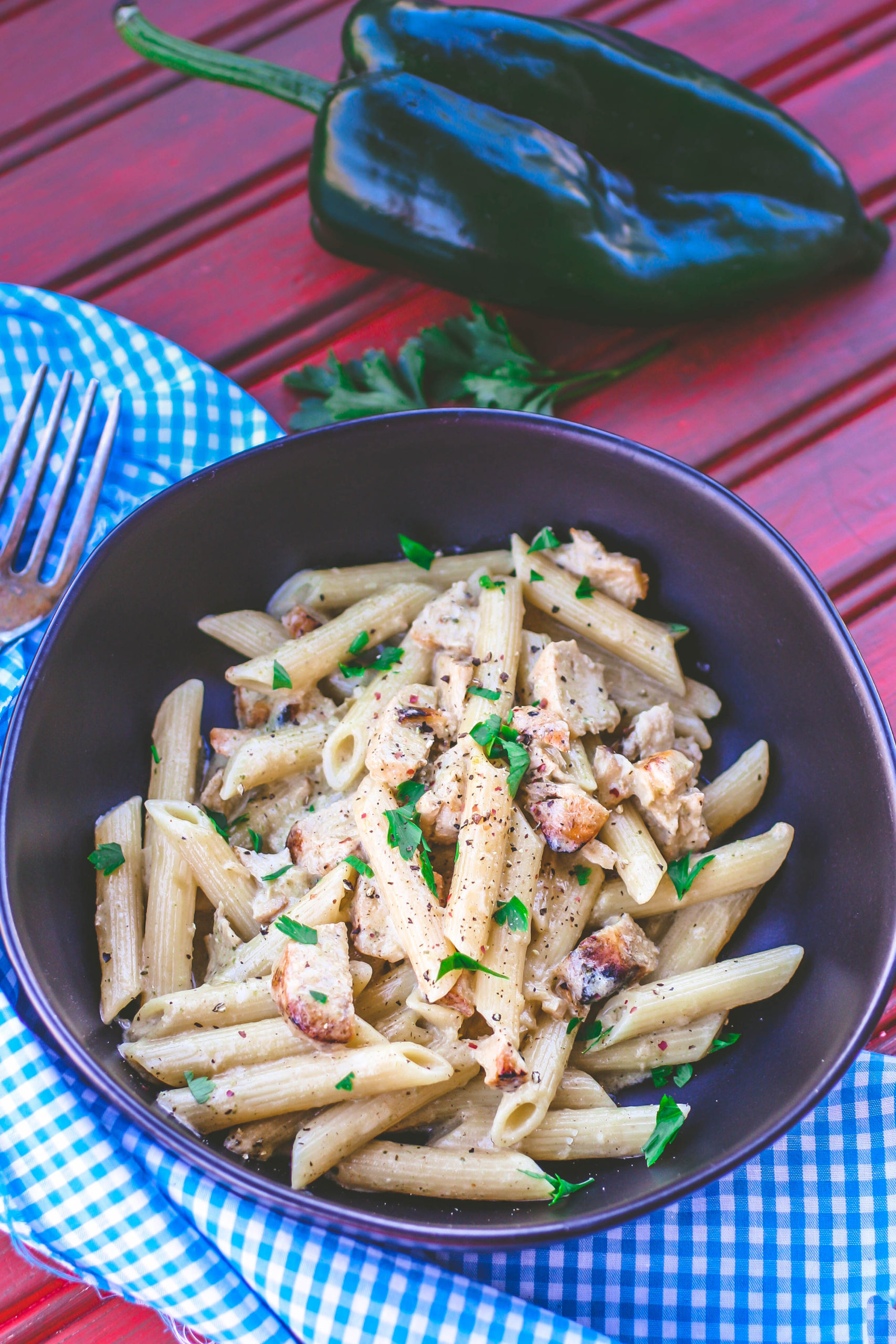 You'll love Pasta with Chicken in Creamy Poblano Sauce for your next meal!