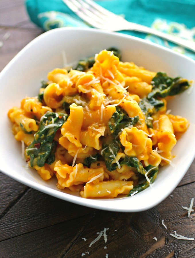 Pasta with Kale and Creamy Butternut Squash Sauce makes a delightful, meatless meal!