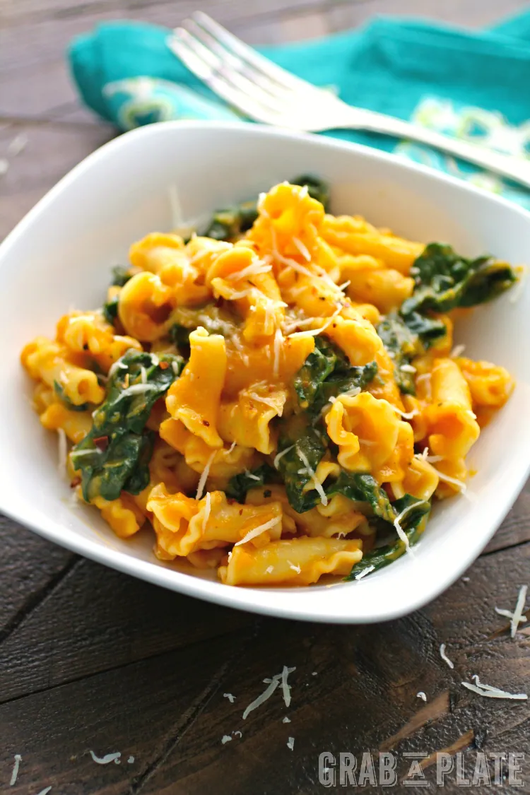 Pasta with Kale and Creamy Butternut Squash Sauce makes a delightful, meatless meal!
