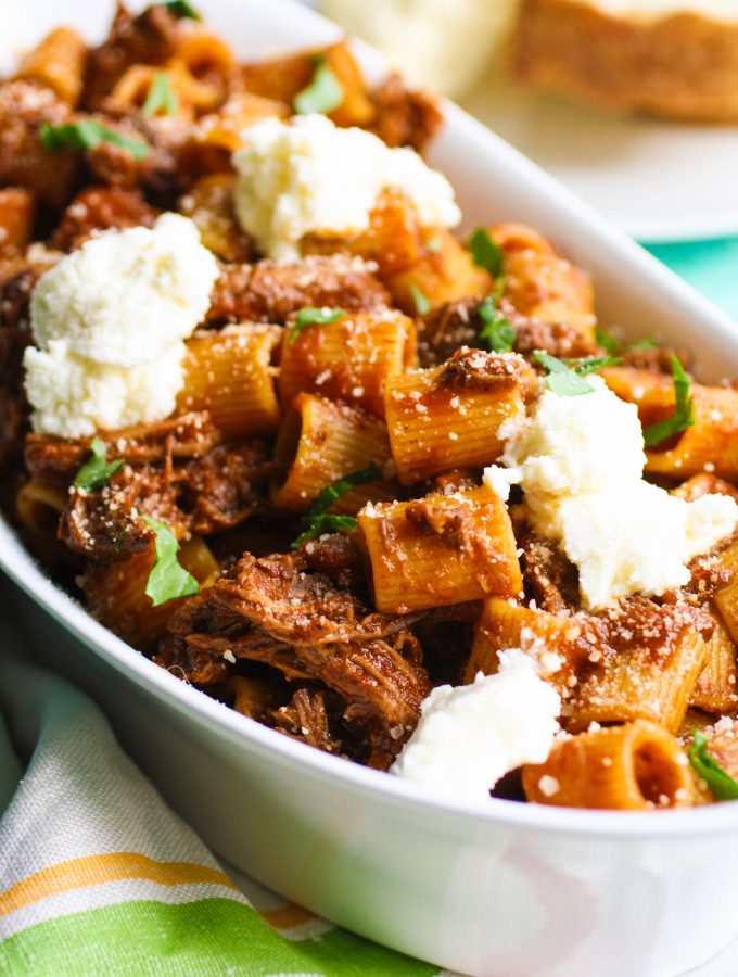 Pasta with short ribs and ricotta is a creamy and delicious dish.