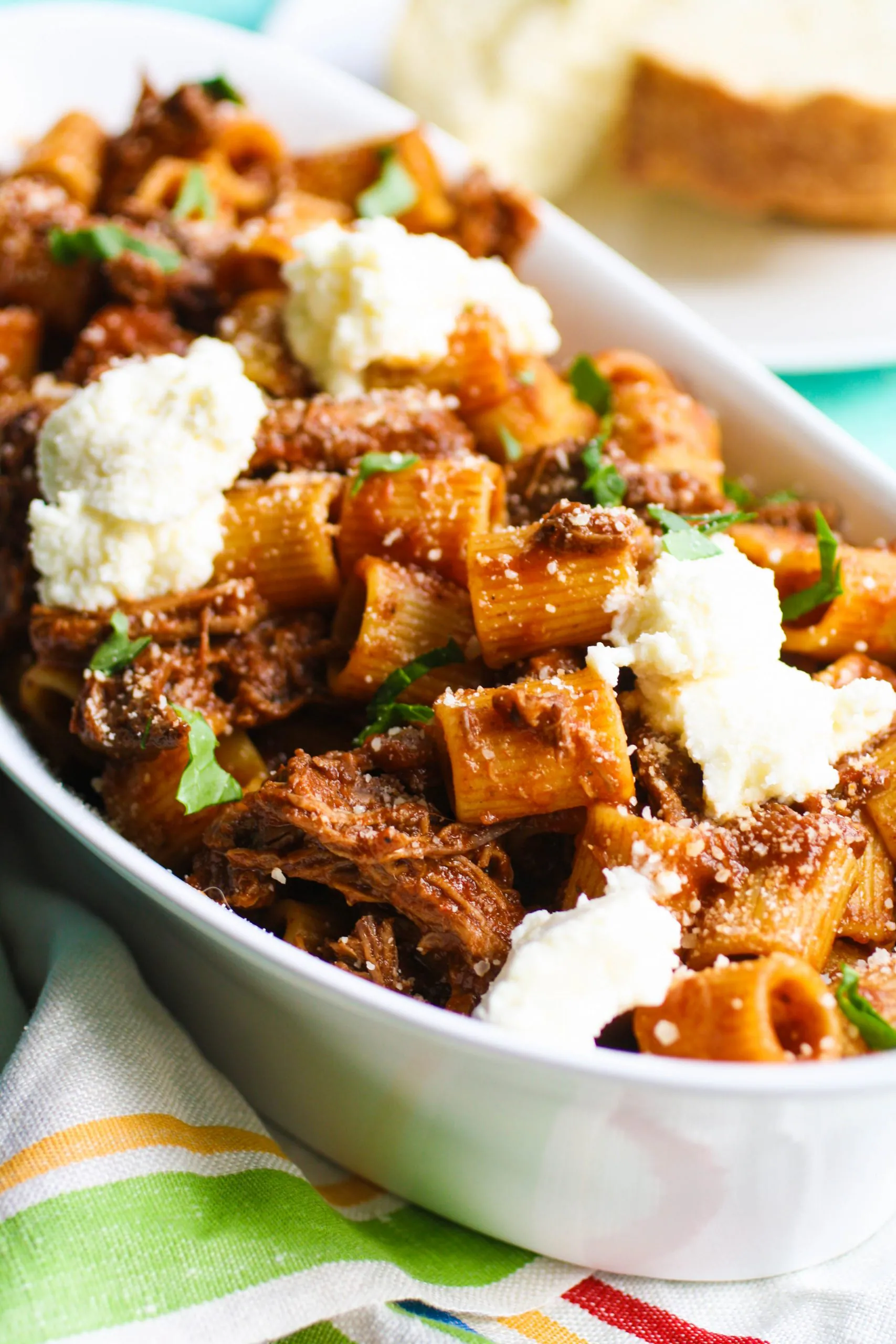 Pasta with short ribs and ricotta is a creamy and delicious dish.