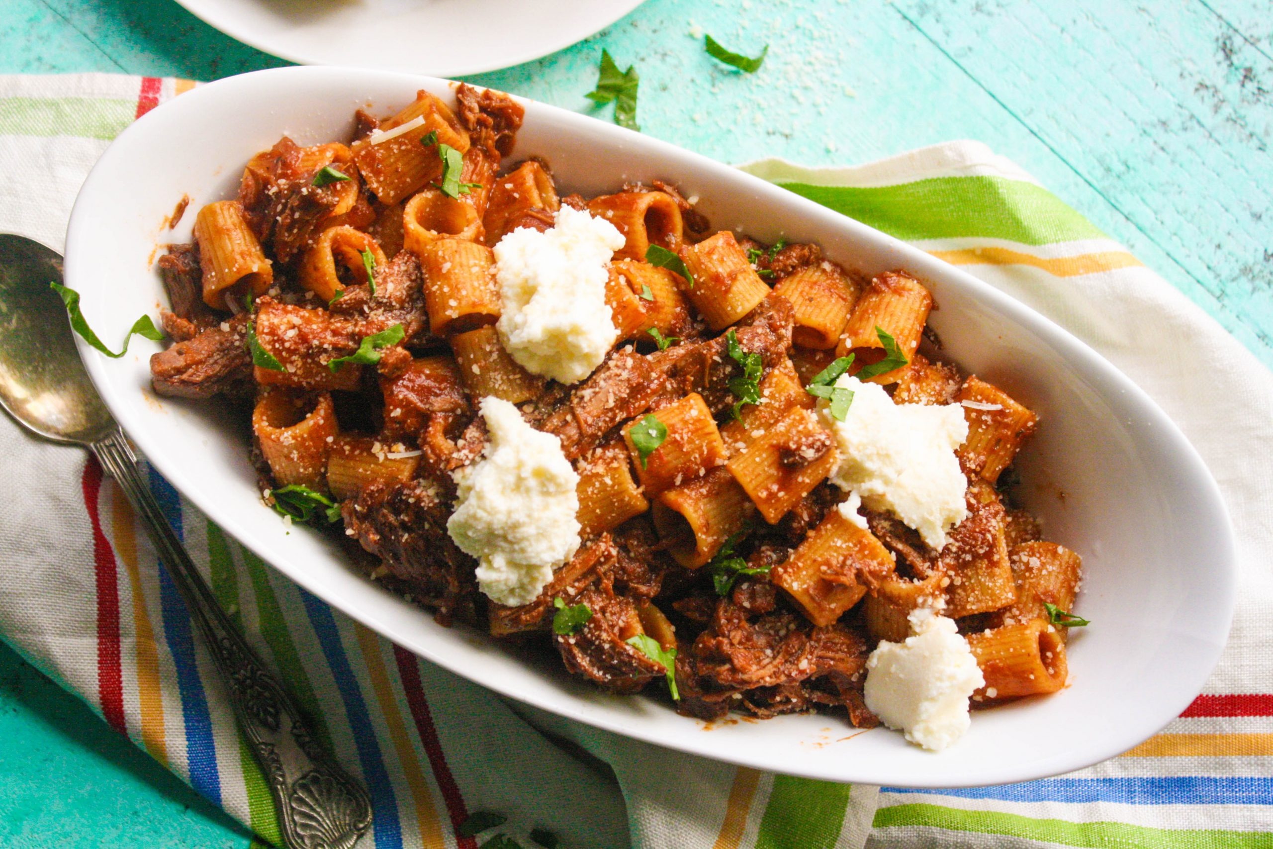 Pasta with short ribs and ricotta is a lovely dish with creamy ricotta as a bonus!