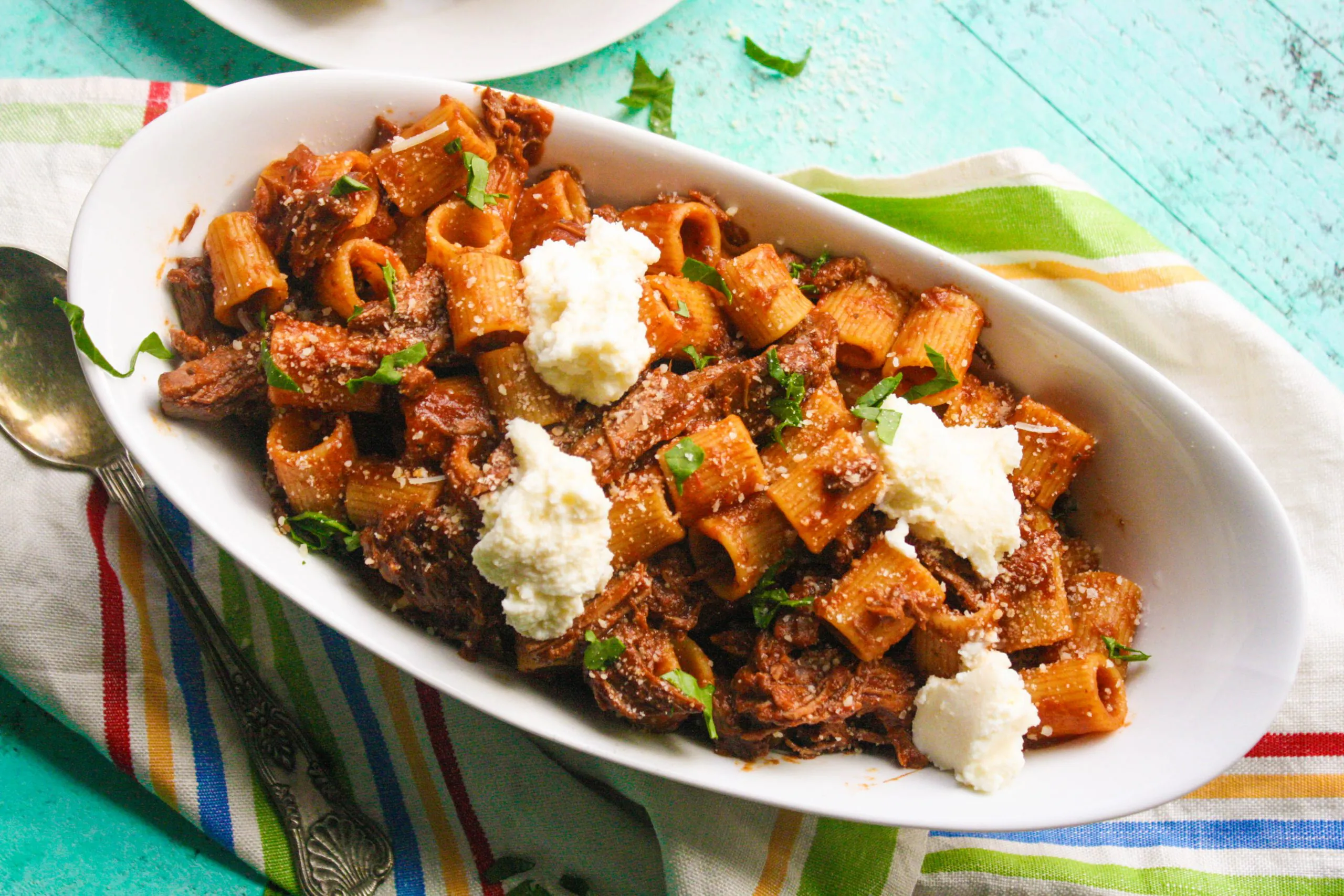 Pasta with short ribs and ricotta is a lovely dish with creamy ricotta as a bonus!