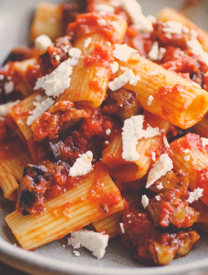 A bowl heaped with Pasta alla Norma