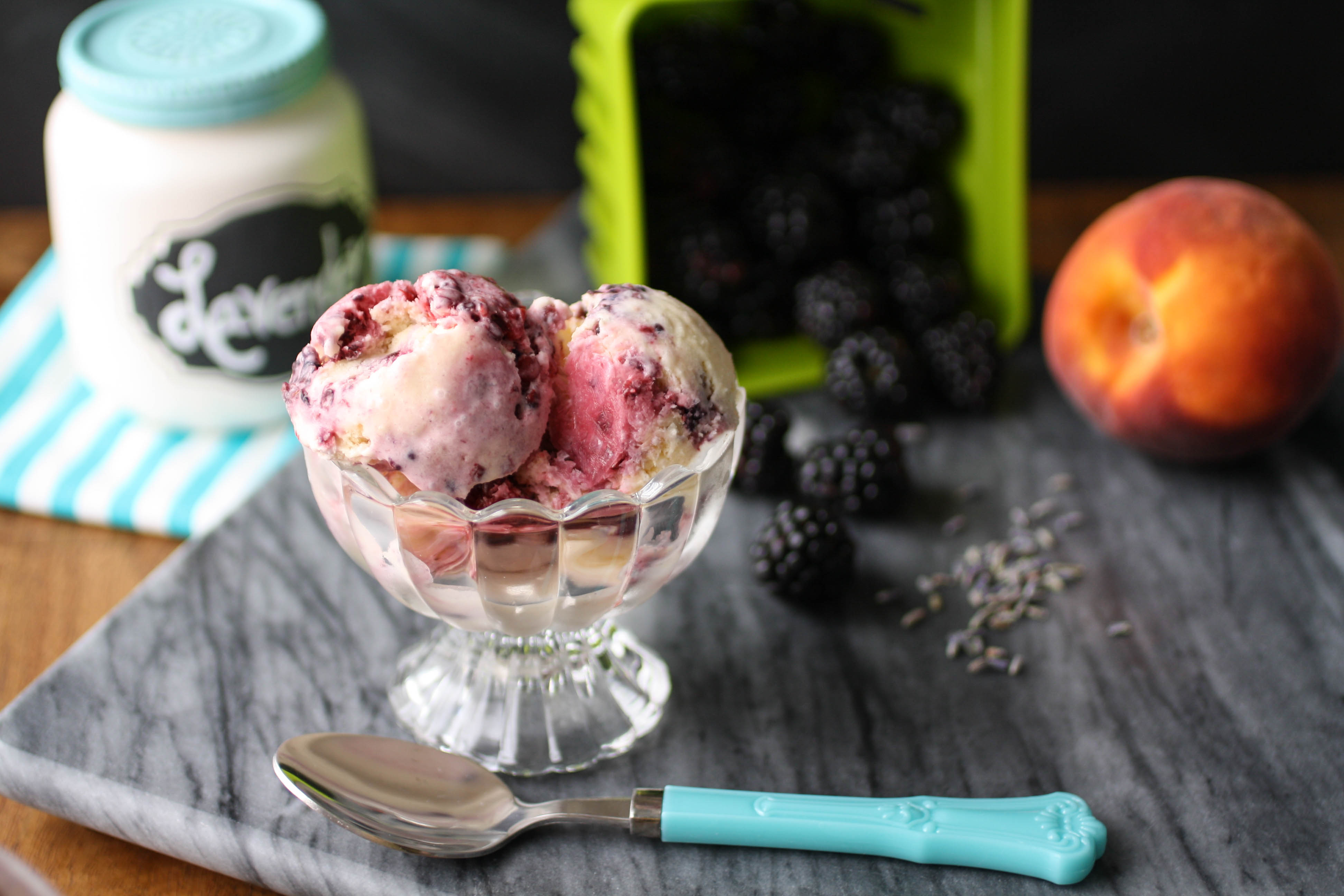 Peach, Lavender, and Blackberry Ice Cream is a favorite treat for the summer. Peach, Lavender, and Blackberry Ice Cream makes dessert time delicious!