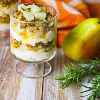 Pear and Ricotta Parfaits with Rosemary-infused Honey is a simple treat you'll enjoy. These pear parfaits are perfect for dessert, or breakfast!
