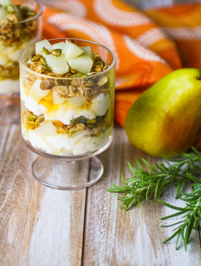 Pear and Ricotta Parfaits with Rosemary-infused Honey is a simple treat you'll enjoy. These pear parfaits are perfect for dessert, or breakfast!