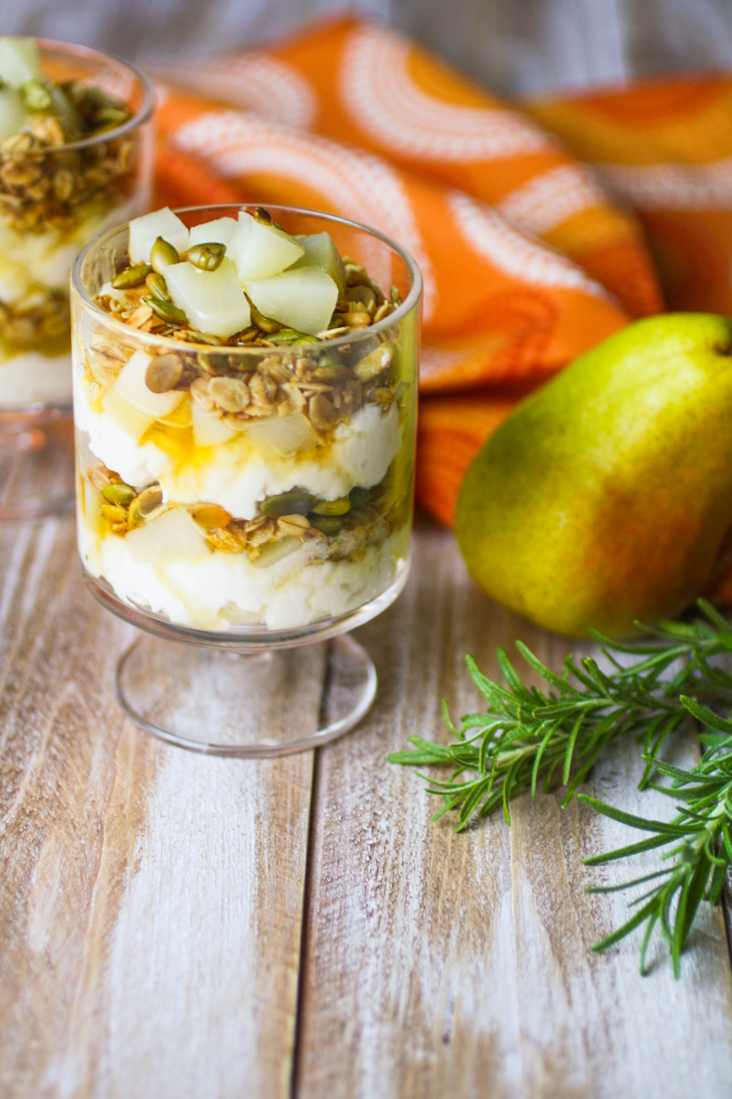 Pear and Ricotta Parfaits with Rosemary-infused Honey is a simple treat you'll enjoy. These pear parfaits are perfect for dessert, or breakfast!