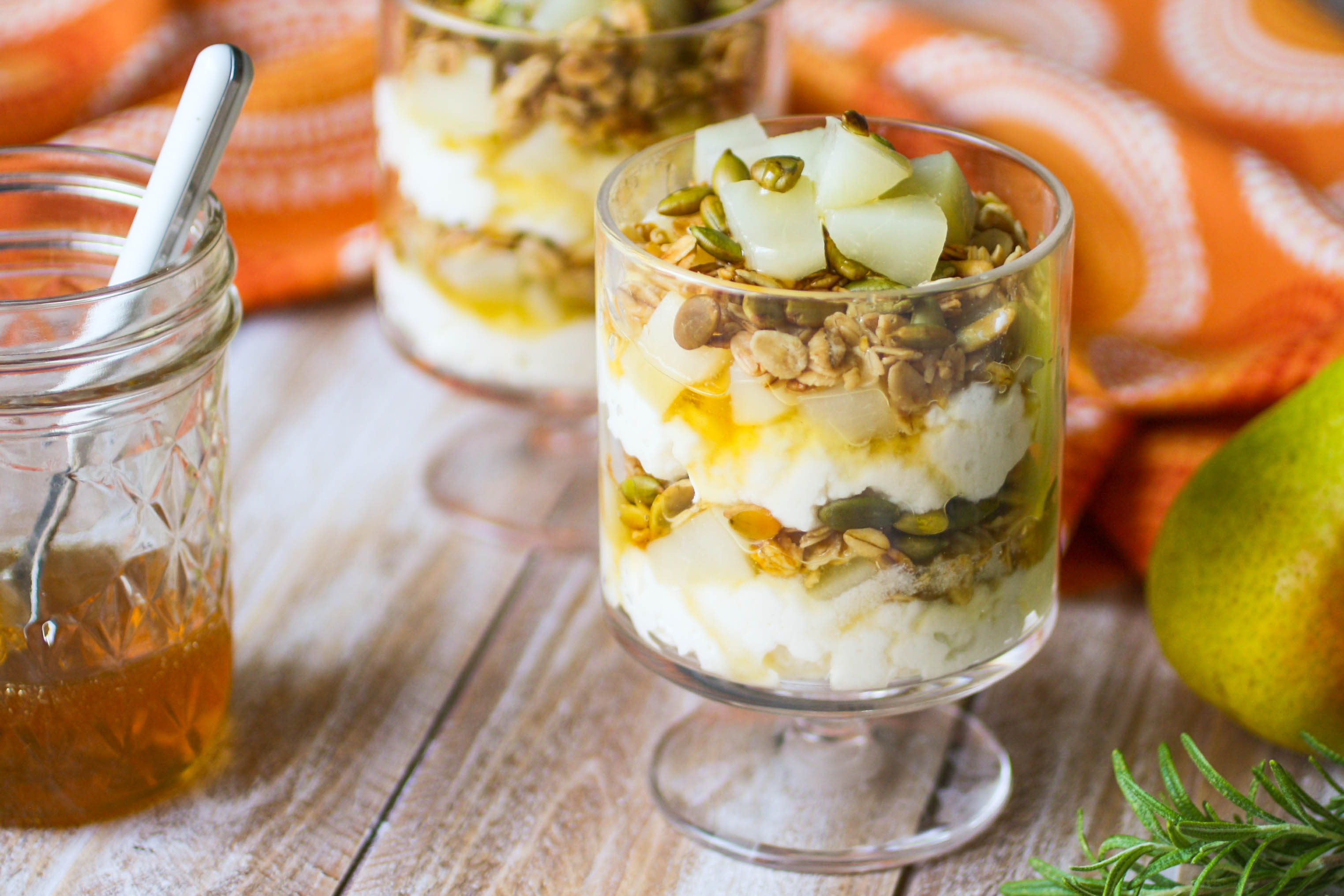Pear and Ricotta Parfaits with Rosemary-Infused Honey is a wonderful treat! You'll love these parfaits for either breakfast or dessert!