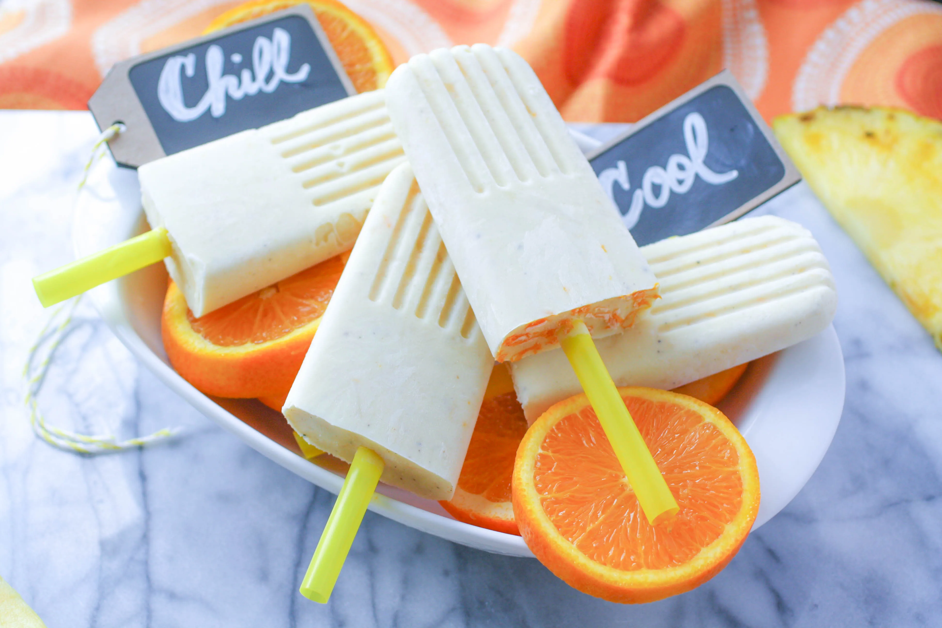 Pineapple-Orange & Cardamom Creamsicles make a fun summer treat. Pineapple-Orange & Cardamom Creamsicles are tasty on a cold day!