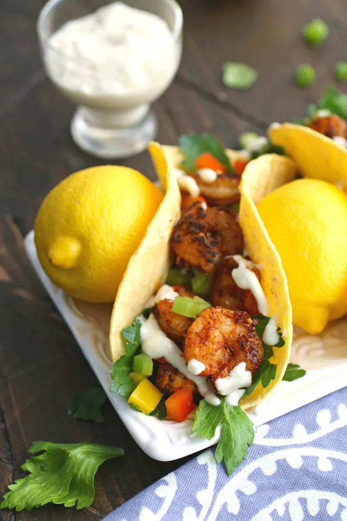 Any day is a great day to enjoy Blackened Shrimp Tacos & Creamy Garlic-Lemon Sauce!