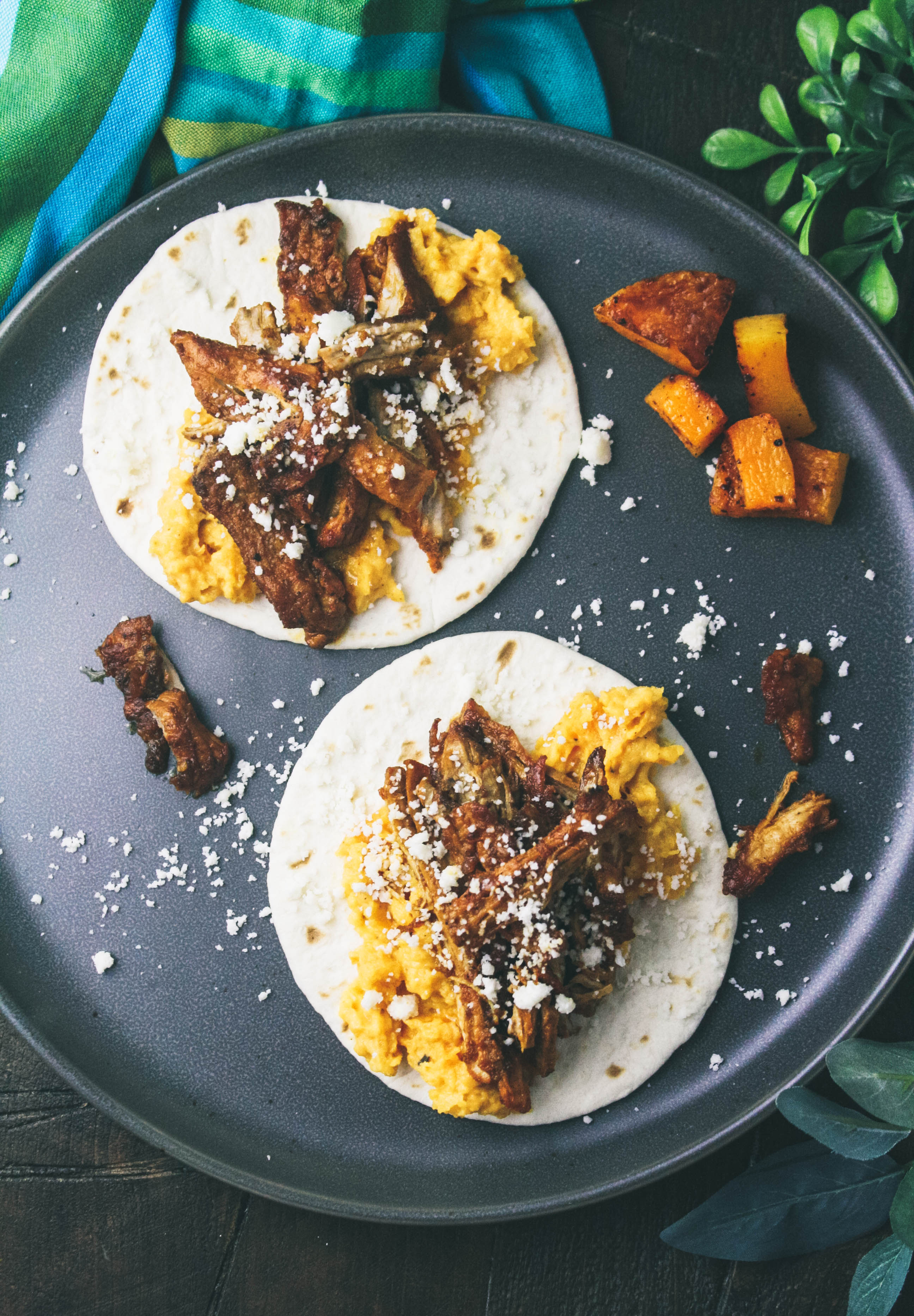 Pork Carnitas Tacos with Butternut Squash Puree are a delightful dinner option. Make Pork Carnitas Tacos with Butternut Squash Puree for your next dinner.