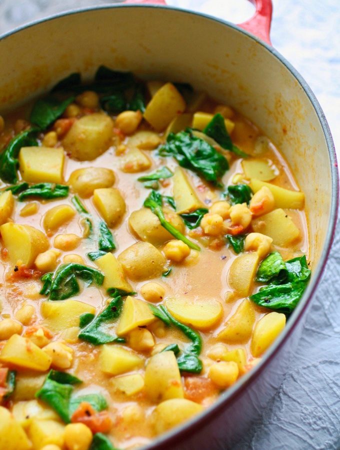 Potato, Chickpea, and Spinach Curry is a great meatless (and vegan) meal. It's big on flavor and color!
