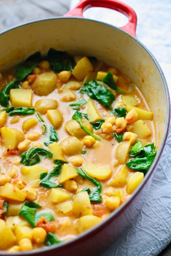 Potato, Chickpea, and Spinach Curry is a great meatless (and vegan) meal. It's big on flavor and color!
