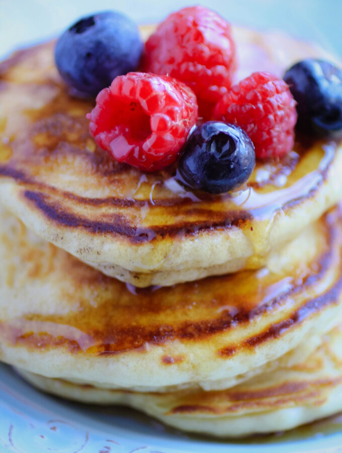 Queen Elizabeth II’s Drop Scones (Scottish Pancakes) topped with fresh fruit and syrup makes an amazing breakfast or breakfast-for-dinner!