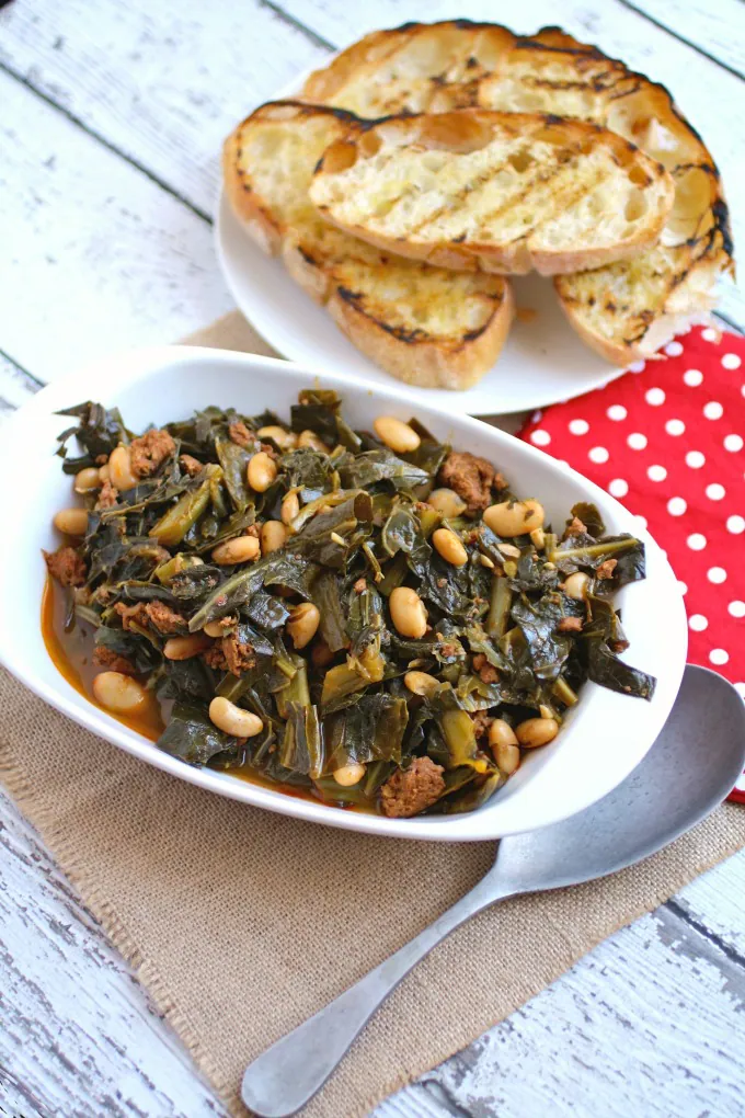 A side dish perfect for New Year's Day, Quick Collard Greens with Sausage and Beans is a treat.