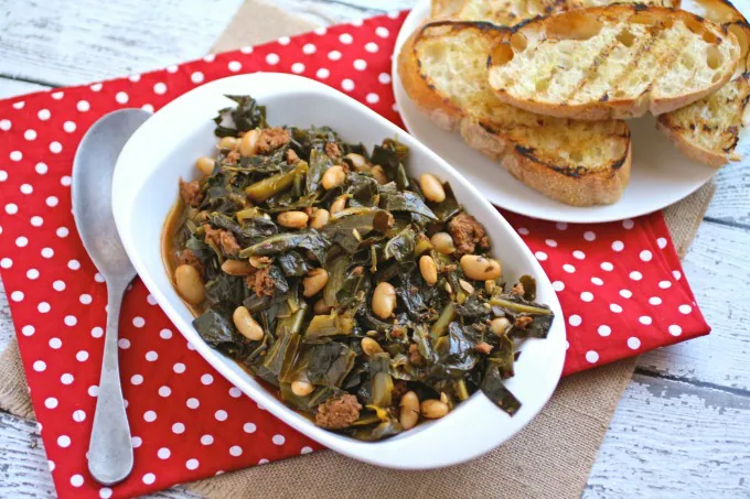 A traditional dish perfect for New Year's Day, Quick Collard Greens with Sausage and Beans is a delight!