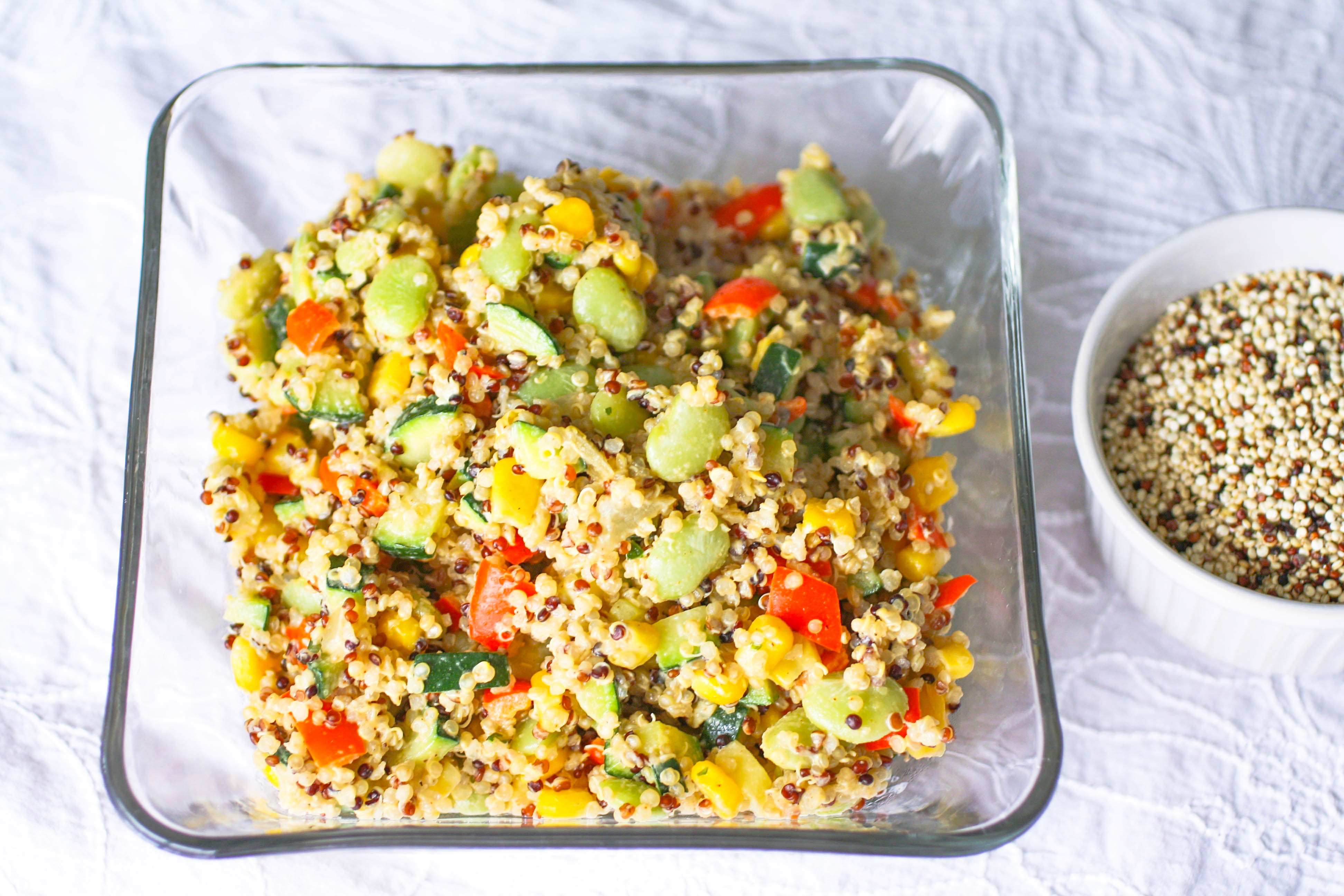 Quinoa Succotash with Spiced Tahini Dressing is a dish you need to make soon! Quinoa Succotash with Spiced Tahini Dressing is colorful and so flavorful, too!