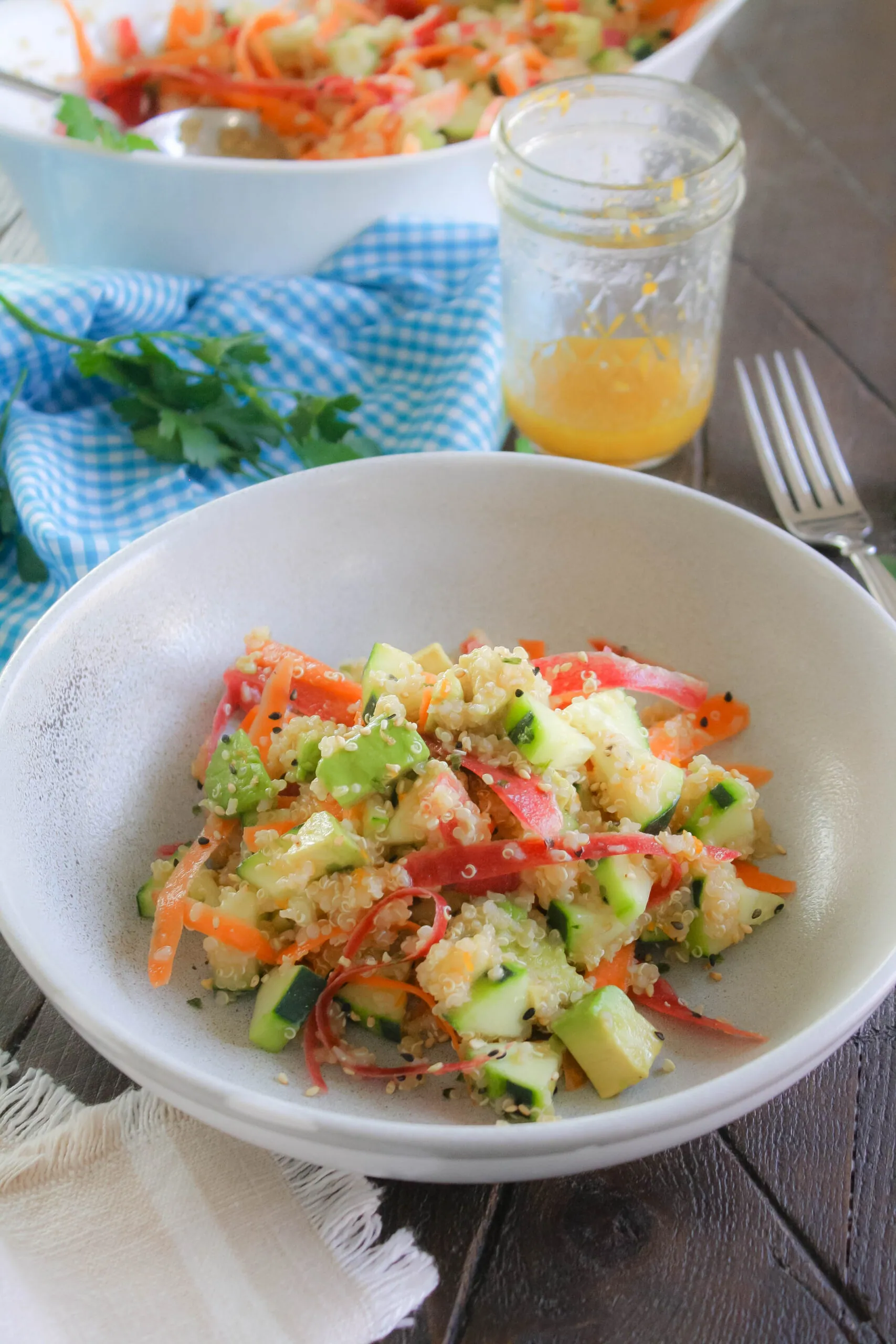 Looking down on a bowl of Quinoa Salad with Ginger-Orange Vinaigrette. 