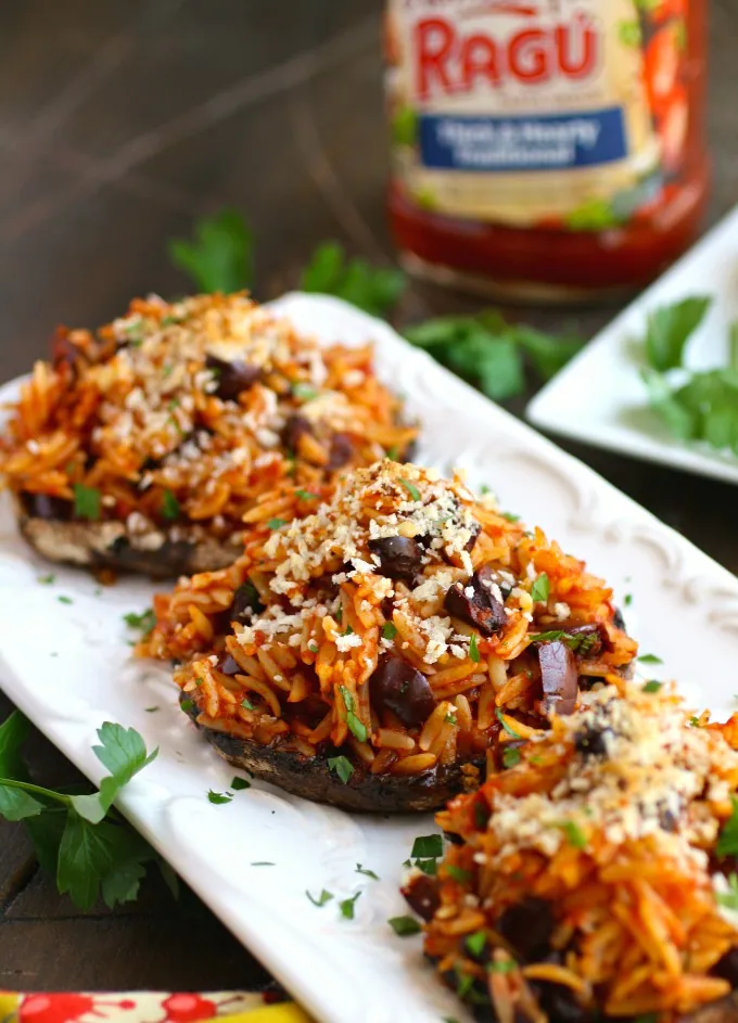 Orzo & Olive Stuffed Portobello Mushrooms is an easy dish that is filling and flavorful. It's great for Meatless Monday, too!
