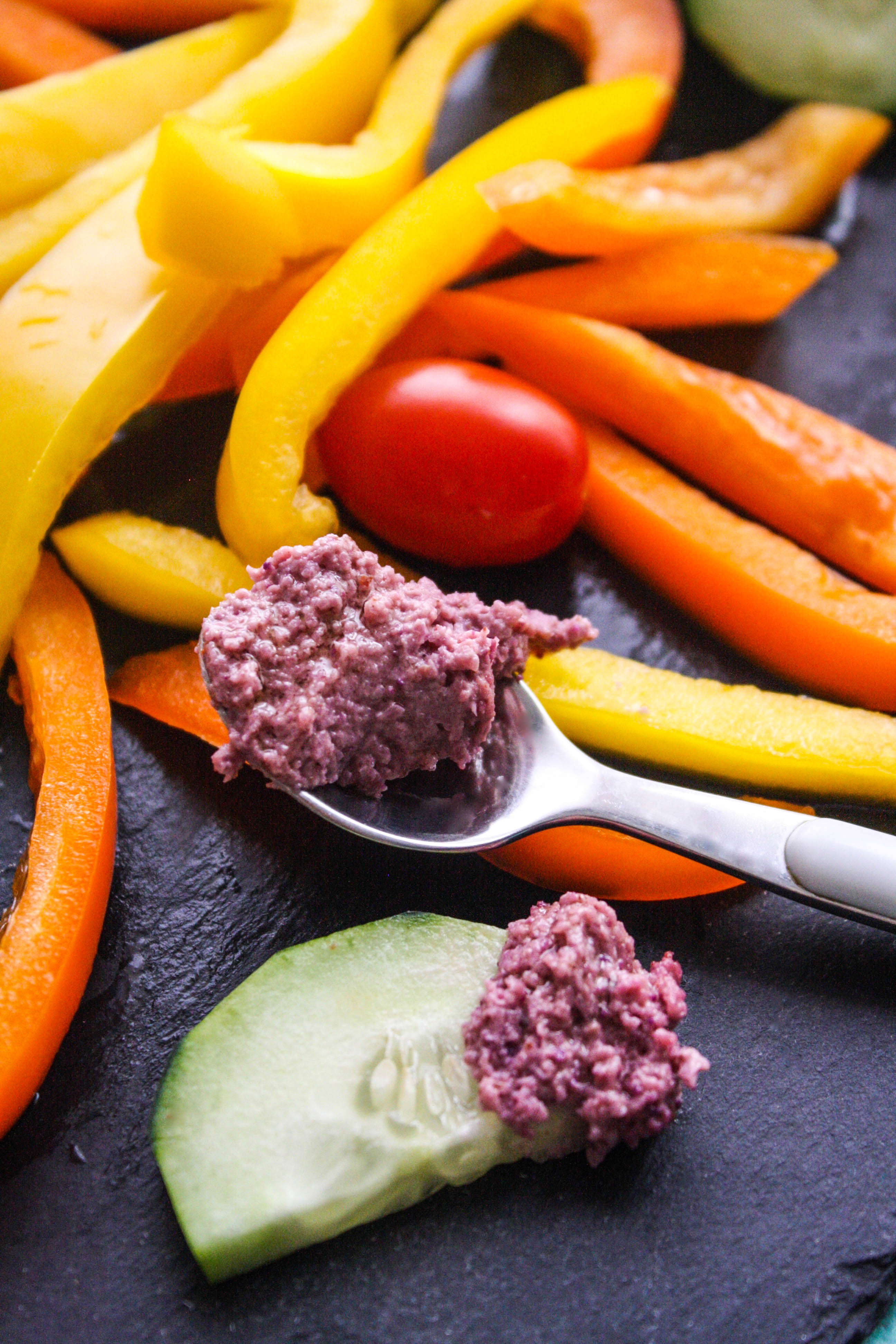 Roasted Garlic and Purple Cauliflower Hummus is a fun snack to dig into! Roasted Garlic and Purple Cauliflower Hummus is a lower-carb version of traditional hummus.