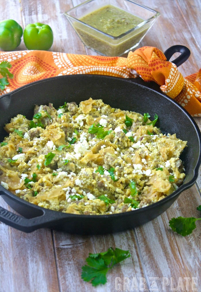  Skillet Pork Migas with Roasted Tomatillo Salsa is a fun breakfast dish. But you can serve it any time of day!