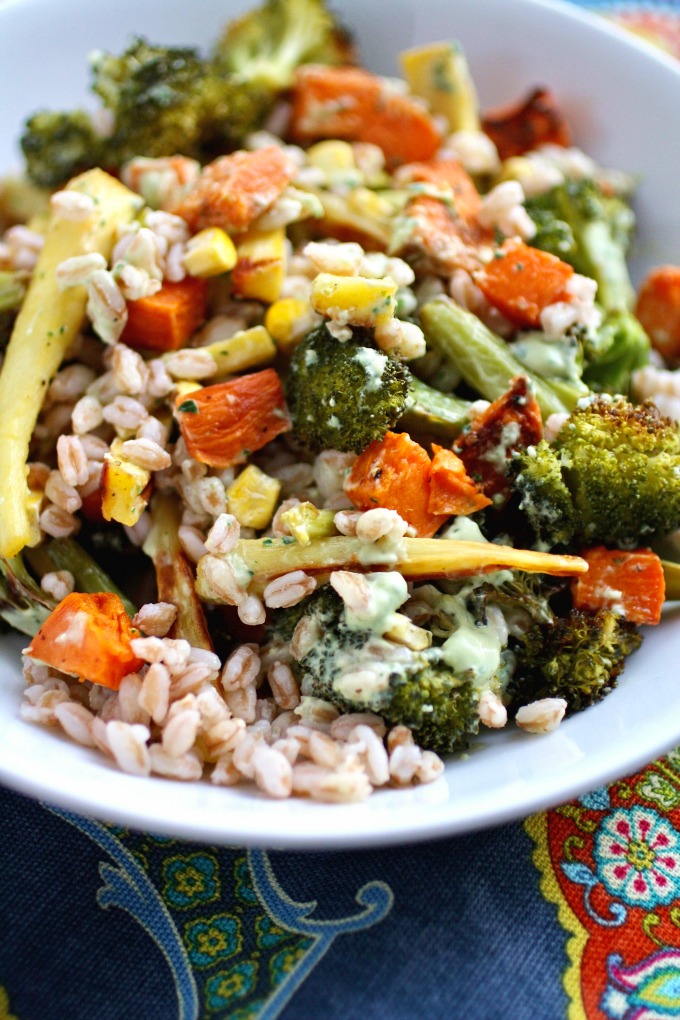 Toss together a great meal: Roasted Vegetables and Farr Green Goddess Bowl.