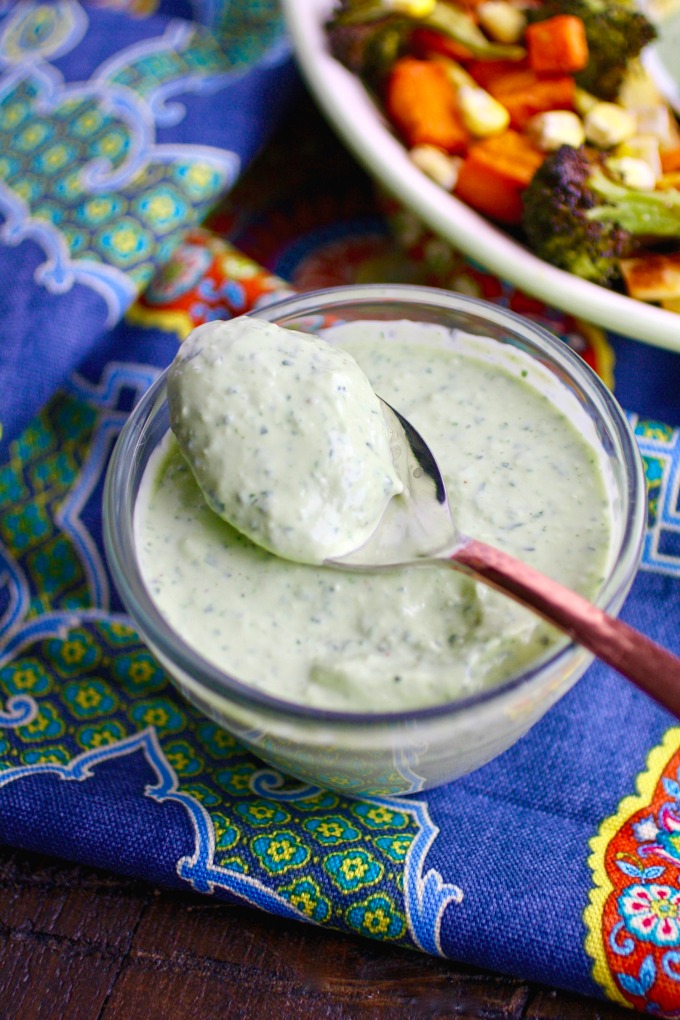 Green Goddess dressing make the meal: Try this Roasted Vegetables and Farro Green Goddess Bowl recipe!