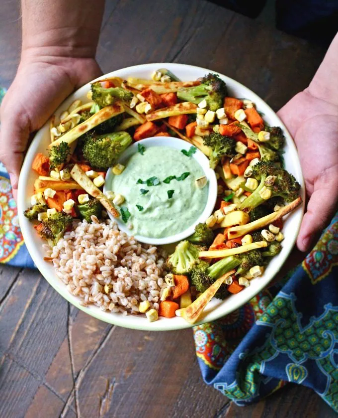 Try this Roasted Vegetables and Farro Green Goddess Bowl recipe for a filling and delicious meal.