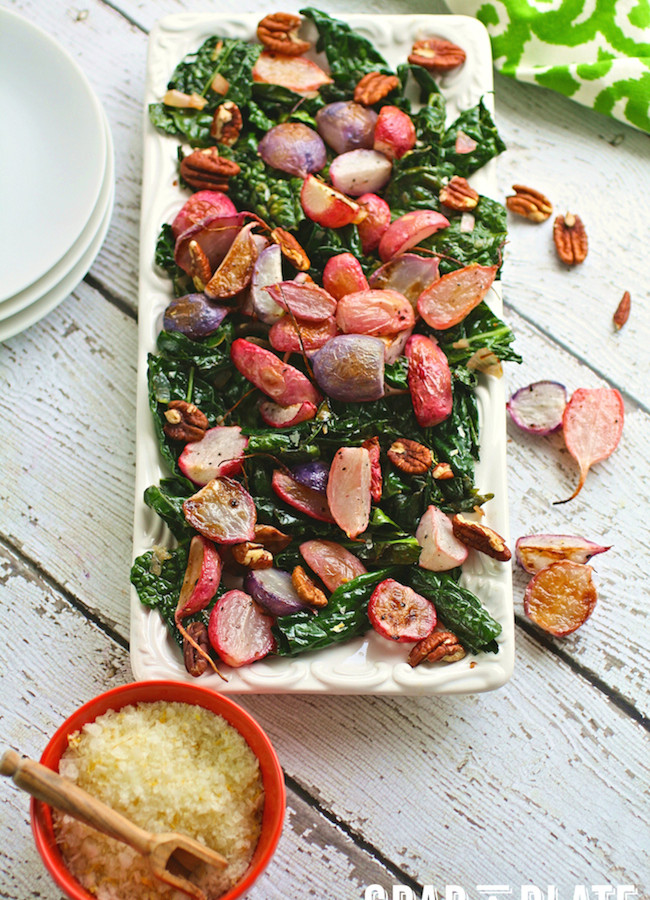 A platter of Roasted Radishes and Sauteed Kale with Citrus Salt
