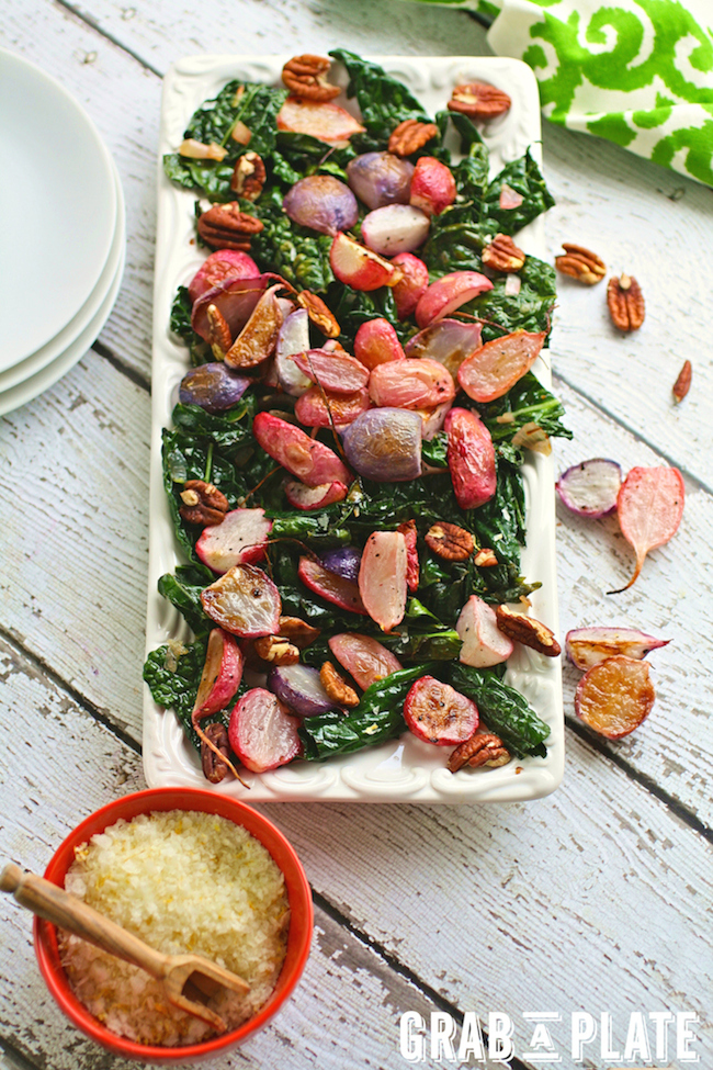 A platter of Roasted Radishes and Sauteed Kale with Citrus Salt