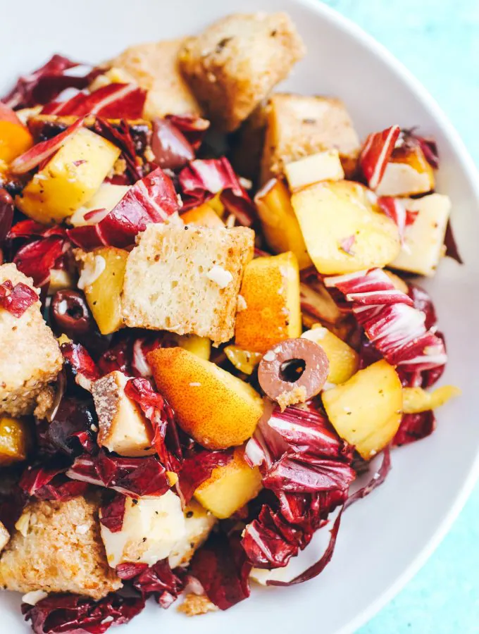 Roasted Beet, Peach & Radicchio Panzanella Salad is filled with great ingredients with big flavor! Roasted Beet, Peach & Radicchio Panzanella Salad is hearty and fun for a summer salad for dinner.