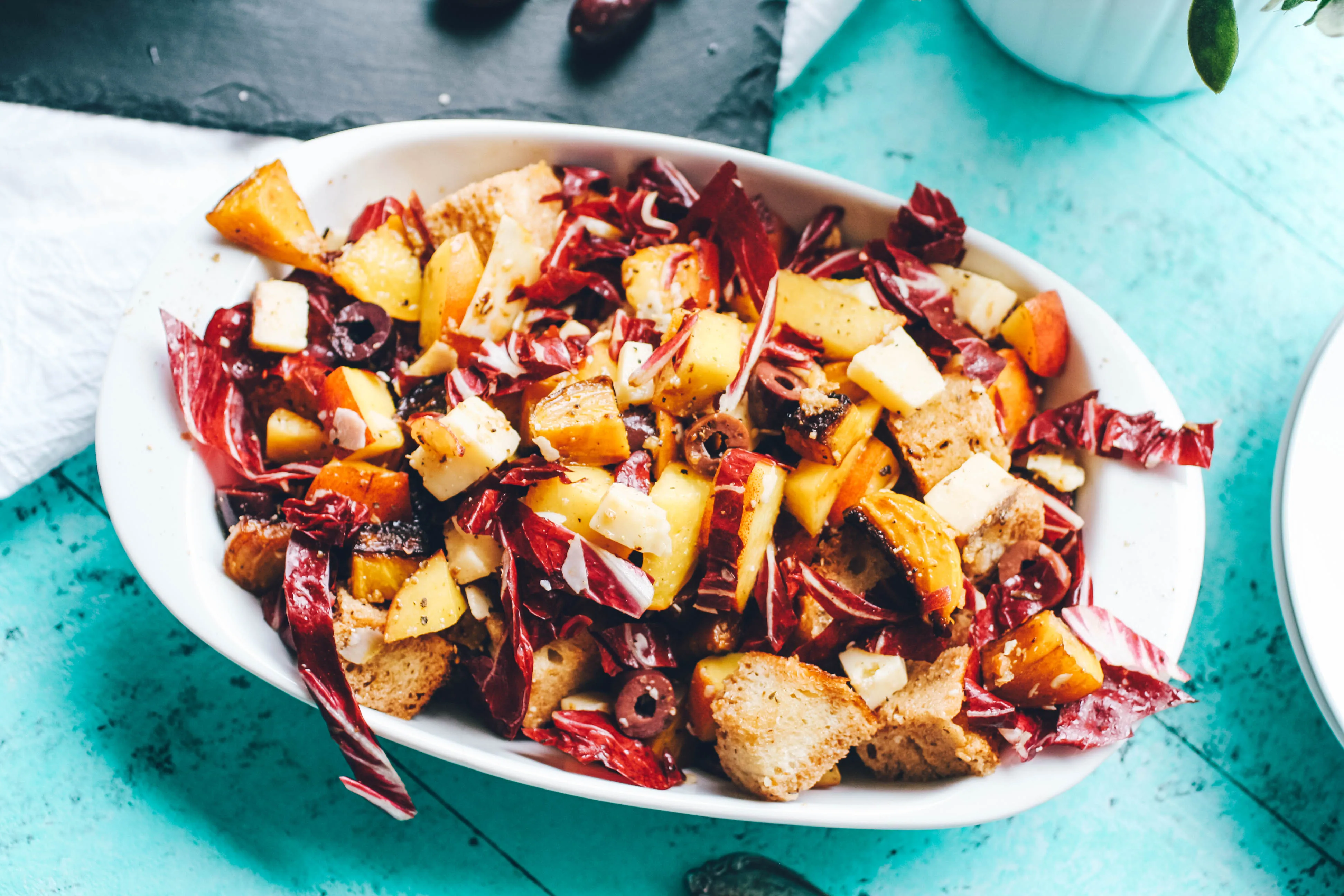 Roasted Beet, Peach & Radicchio Panzanella Salad is a salad that's filling and big on flavor. Dig into Roasted Beet, Peach & Radicchio Panzanella Salad for your next meal.