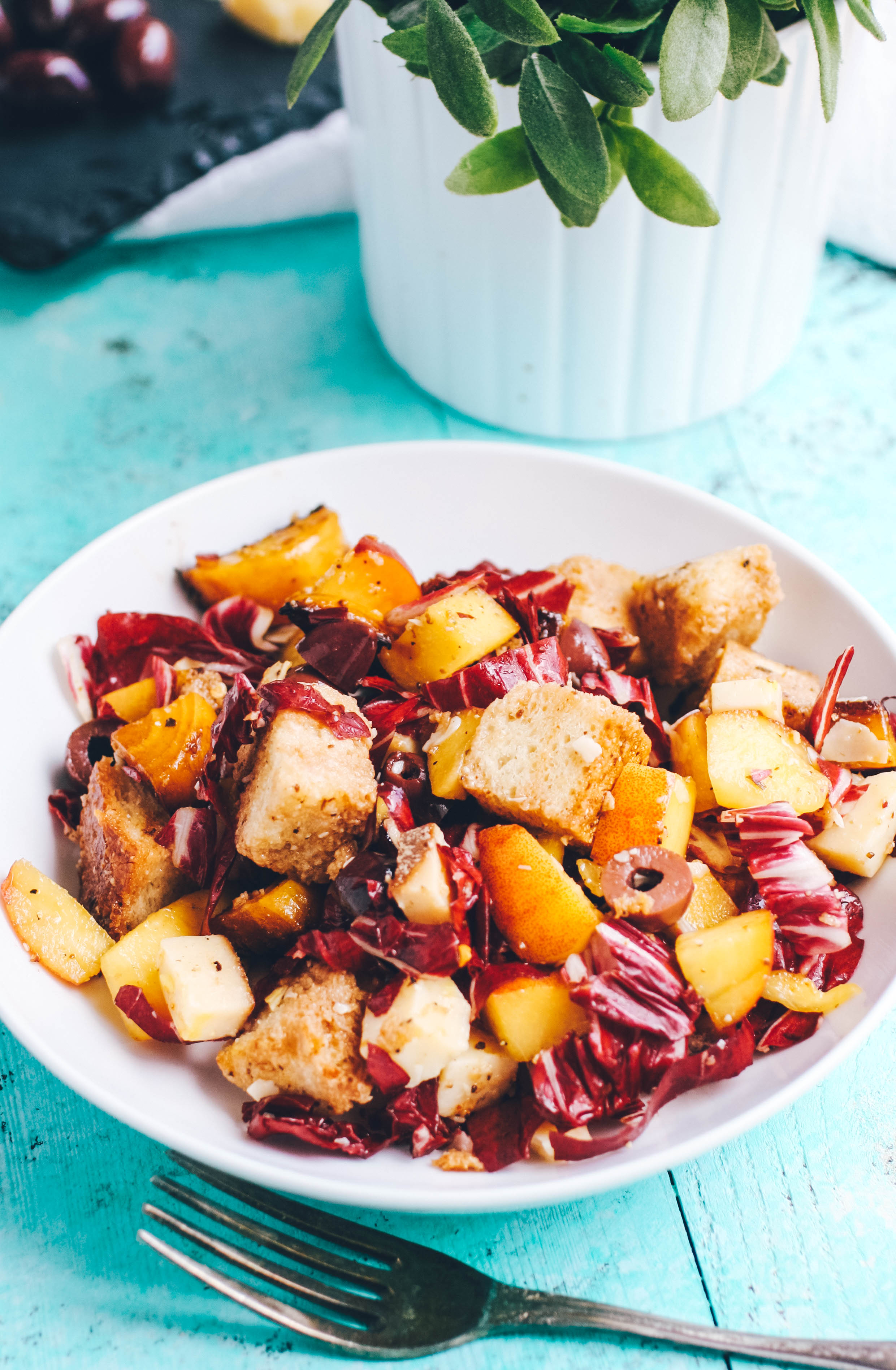 Roasted Beet, Peach & Radicchio Panzanella Salad is an amazing summer meal. You'll enjoy the big flavors and colors in Roasted Beet, Peach & Radicchio Panzanella Salad.