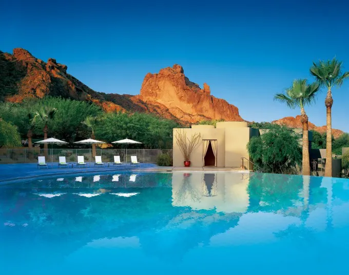 The beautiful poolside view at The Sanctuary Resort & Spa on Camelback Mountain in Scottsdale, Arizona.