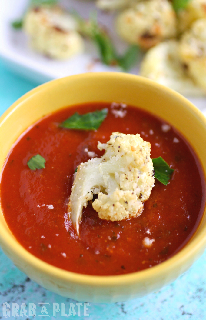 Pair Parmesan & Herb Roasted Parmesan Cauliflower Bites with your favorite marinara sauce for a great snack.