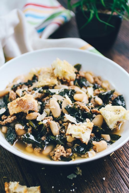 Sausage, Kale, and White Bean Soup with Rosemary-Parmesan Croutons